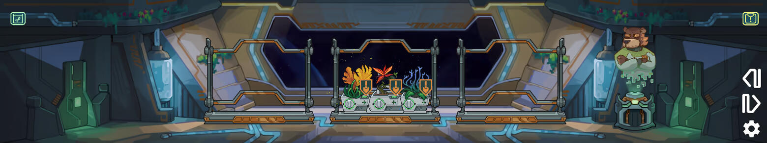 A screenshot of the game Plantasia with three racks of planters. In the middle is three plants ready for harvest.