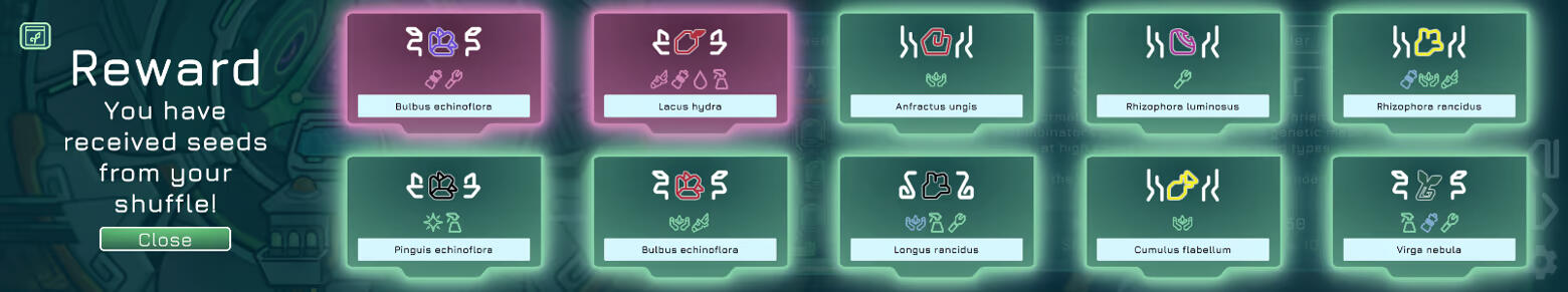 A screenshot of the game Plantasia with three racks of planters. In the middle is three plants ready for harvest.