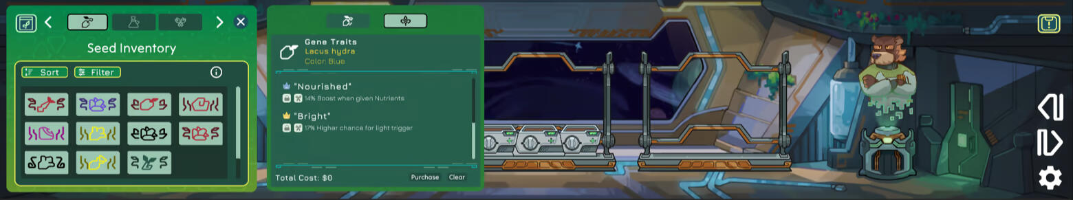 A screenshot of the game Plantasia with three racks of planters. In the middle is three plants ready for harvest.