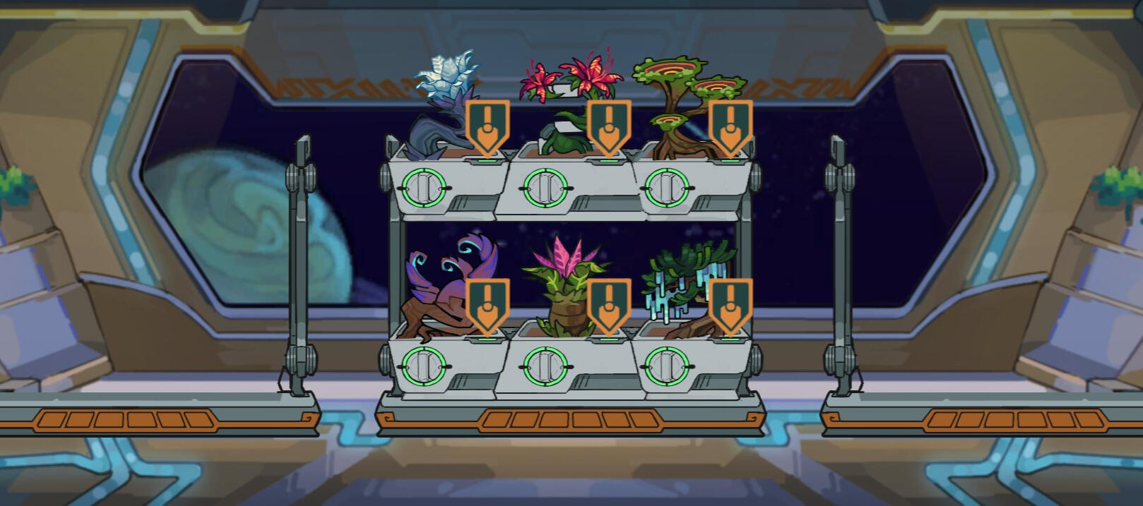 A screenshot of the game Plantasia with three racks of planters. In the middle is three plants ready for harvest.